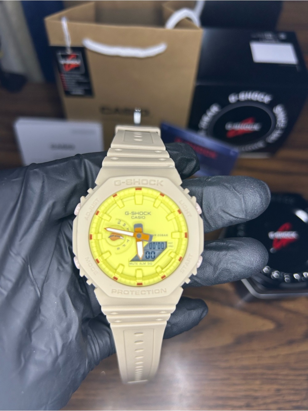 Casio G-Shock Beige Resin Watch with Yellow Dial